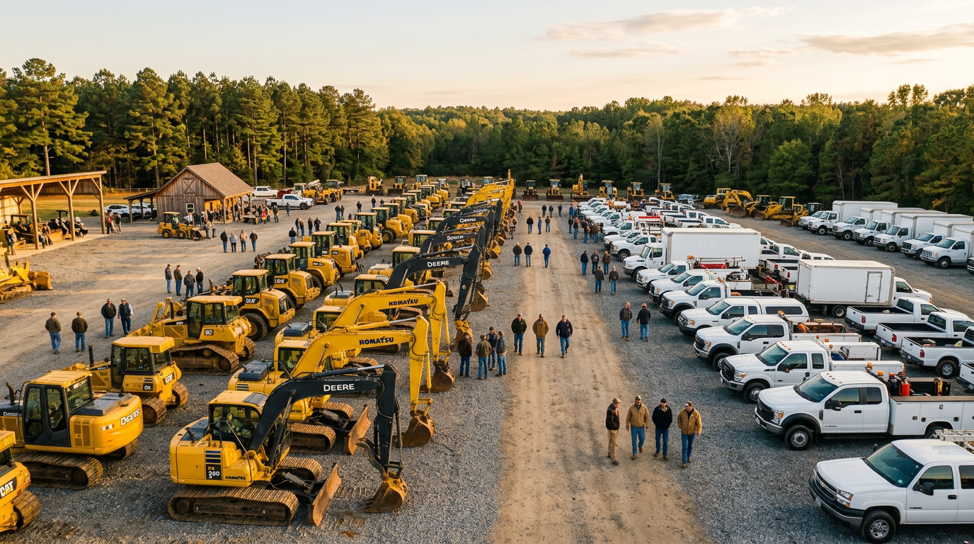 Rows of construction equipment and service trucks lined up at a Virginia auction yard